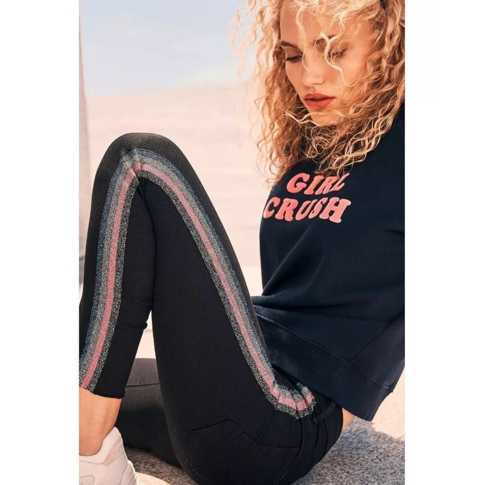 MOTHER High Waisted Looker Ankle Fray Guilty Glitter Racer Stripe Black Jeans 25